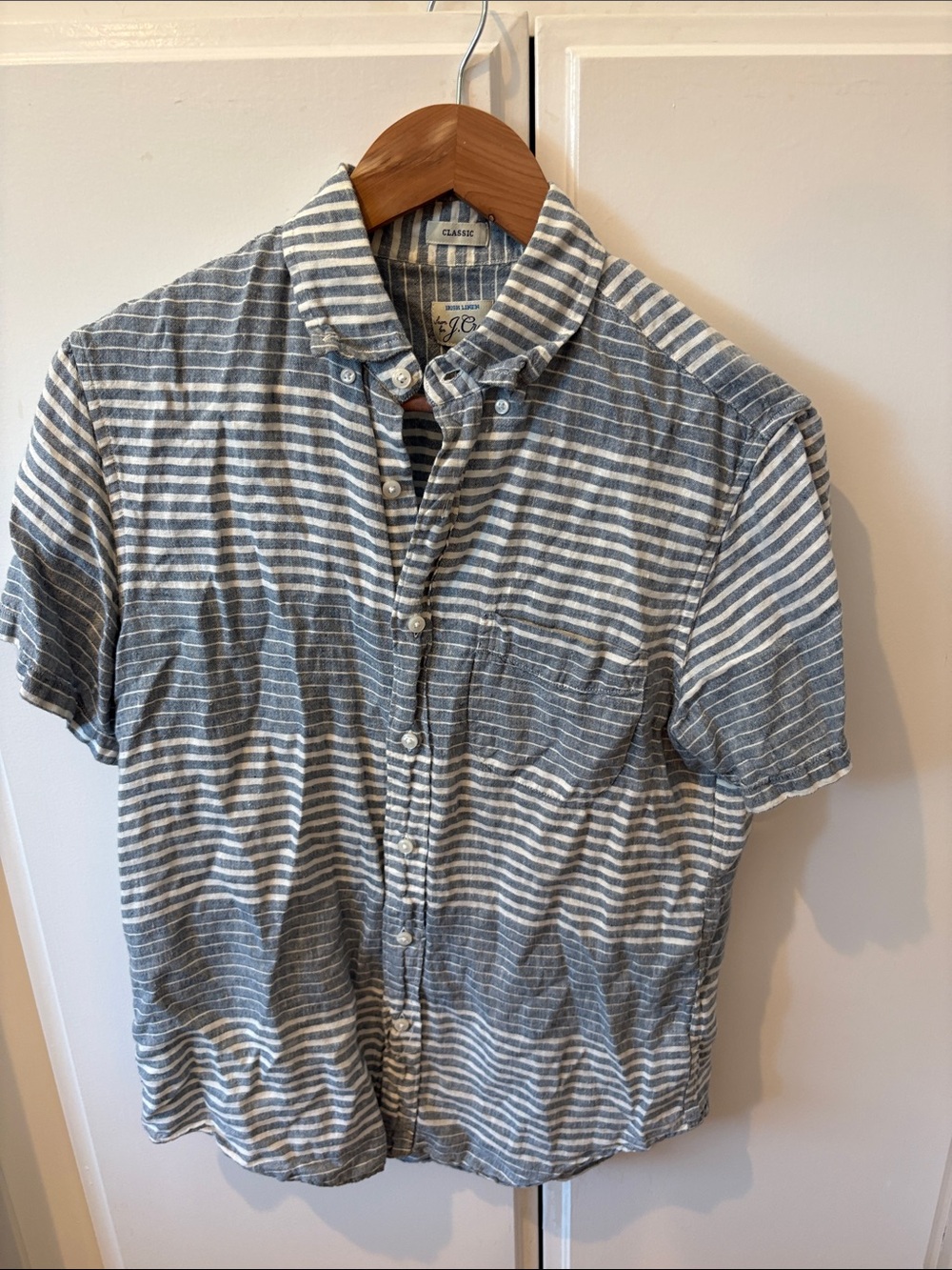 J. Crew Short-Sleeve Striped Button-Down Shirt in Blue and White